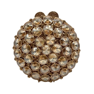 Close-up of champagne crystals and gold metal clasp on a round evening handbag