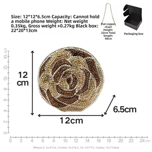 Detail view of round floral rhinestone clutch bag with 48cm chain and gift box packaging