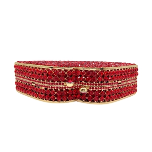 Sparkling red heart shaped evening clutch bag with crystals and gold metal frame