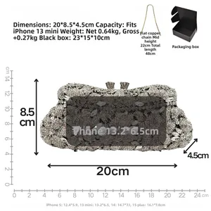 Silver flower evening bag with rhinestones, 20x8.5x4.5cm size and 48cm chain strap