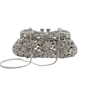 Elegant silver evening bag with sparkling floral rhinestones and silver chain strap