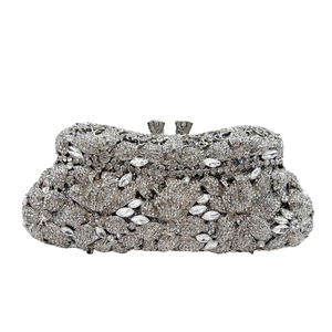 Silver flower evening clutch bag with sparkling rhinestones for parties and weddings