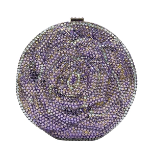 Round Evening Clutch Bag Rhinestone Crystal Floral Hard Shell Purse For Party Wedding With Detachable Metal Chain Strap