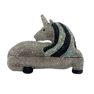 Detailed view of luxury unicorn clutch with silver and iridescent rhinestones