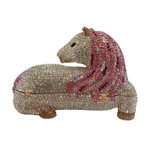 Exquisite horse shaped evening clutch bag with pink and white sparkling rhinestones