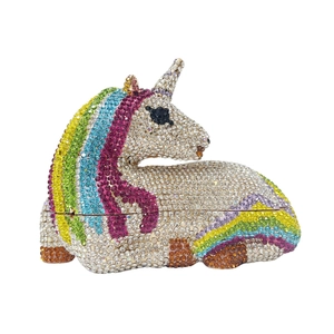 Detailed macro view of vibrant colorful gradient rhinestones on unicorn animal clutch bag