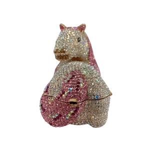 Exquisite horse-shaped jewelry box with pink and gold crystal rhinestones and metal hinge