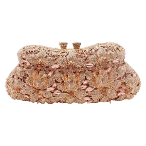 Luxury rose gold flower clutch bag with pink and amber rhinestones for evening events