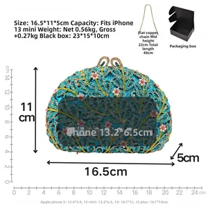 Detailed dimensions of blue crystal floral clutch showing 16.5x11x5cm size and 48cm chain