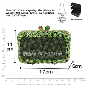 Detailed view of green crystal evening clutch bag with 48cm chain and box specifications