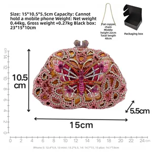 Detail view of butterfly evening bag with crystal inlay, dimensions and chain length info