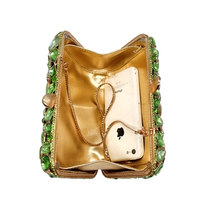 Elegant emerald green rhinestone clutch bag with gold chain strap for party evening dinner