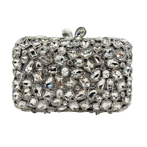 Elegant silver square evening clutch encrusted with sparkling mixed shaped crystals