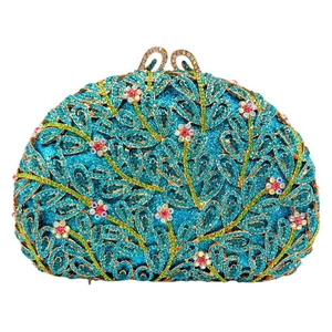 Elegant blue evening clutch bag with emerald rhinestone floral patterns and gold metal clasp