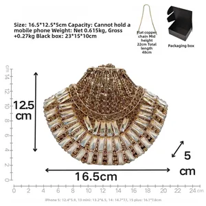 Detailed view of champagne crystal evening bag with 16.5cm dimensions and flat chain strap