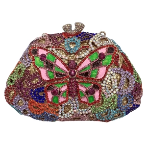 Close-up of vibrant butterfly rhinestone evening clutch with intricate crystal hand-setting