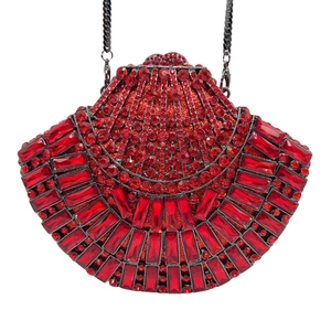 Elegant red seashell crystal evening clutch bag with sparkling rhinestones and silver chain