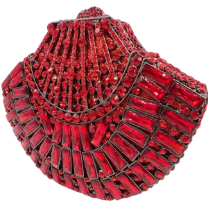 Detailed close-up of a red crystal evening clutch with hollow-out metal structure