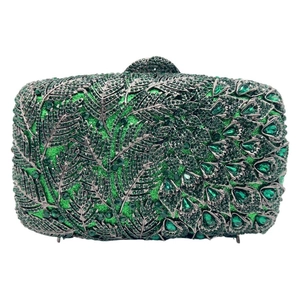 Luxury green crystal palm leaf clutch bag with sparkling rhinestones for evening parties
