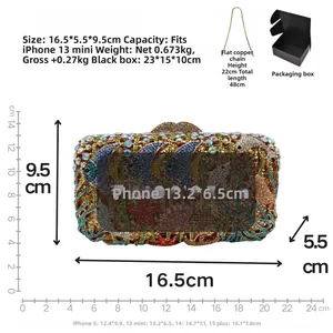 Detail view of rhinestone fish purse showing dimensions 16.5x5.5x9.5cm and chain strap