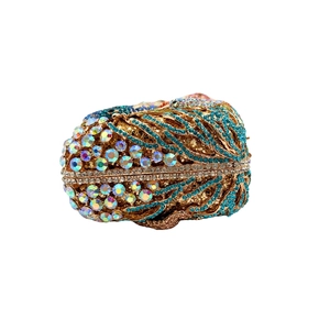 Luxury peacock feather rhinestone evening clutch bag with emerald crystals