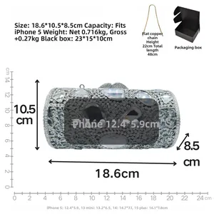 Detailed size specifications and weight of the crystal cylinder clutch with metal chain