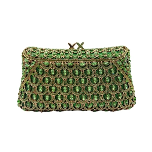 Women Green Rhinestone Evening Clutch Bag Luxury Diamond Hollow Out Metal Handbag With Chain For Party Wedding Banquet