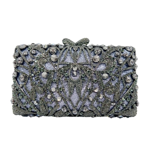 Luxury rhinestone evening clutch bag with intricate silver crystal floral pattern
