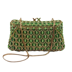 Luxury emerald rhinestone evening clutch with gold butterfly clasp and chain strap