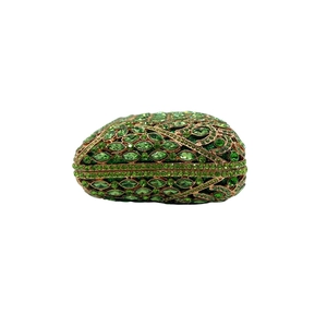 Luxury green rhinestone hollow evening clutch bag with gold metal frame for women