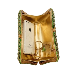 Green rhinestone evening clutch bag with gold star pattern and chain strap for women