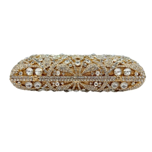 Elegant gold evening clutch bag with full rhinestones and floral crystal pattern
