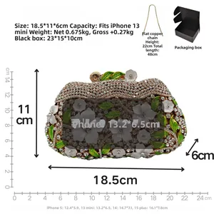 Detailed dimensions of crystal floral evening bag with measurements and gold chain spec