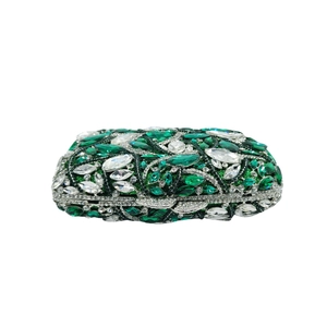 Elegant green and silver rhinestone evening clutch bag with leaf-shaped crystal patterns