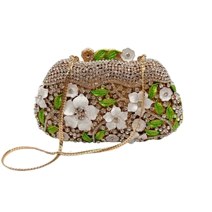 Luxury evening clutch bag with white crystal rhinestones and floral enamel details