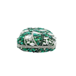 Elegant emerald and white crystal evening clutch bag with intricate floral metal frame