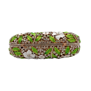 Luxury rose gold evening clutch bag with sparkling white rhinestones and enamel flowers
