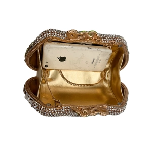 Sparkling crystal evening clutch bag with gold trim, fits a smartphone inside