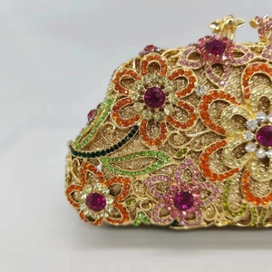 Luxury floral crystal evening clutch with multicolored rhinestones and gold metal base