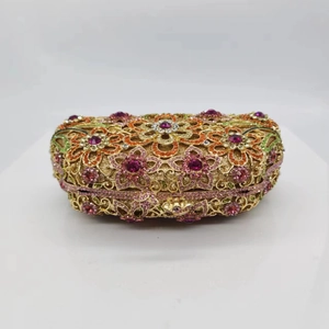 Luxurious floral evening clutch bag with colorful rhinestones and gold metal frame