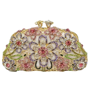 Bolso De Noche De Flores De Metal Hueco De Lujo Con Pedrería De Colores Para Mujer Fiesta Banquete Elegante Clutch Rígido