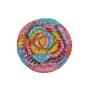Sparkling round clutch bag with colorful rhinestones in a spiral floral pattern