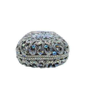 Elegant silver cutout evening clutch bag with iridescent AB rhinestones and metal frame