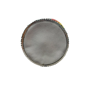 Detailed base view of silver lychee grain clutch bag with colorful rhinestone trim