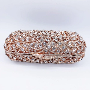 Luxury rhinestone evening clutch bag with sparkling crystals and rose gold metal frame