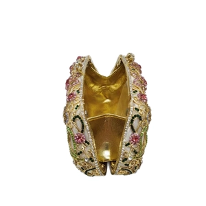Floral crystal evening bag with pink and green rhinestones and golden metal frame