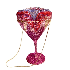 Martini cup shaped clutch bag with multi-color rhinestones and gold chain strap