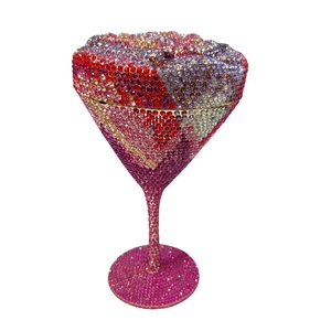 Exquisite martini cup clutch bag with colorful rhinestones in pink, red and purple colors