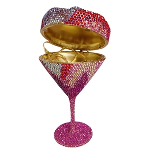 Detail view of martini cup evening bag with gradient red and pink crystal rhinestones