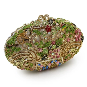 Exquisite gold metal clutch bag with colorful floral rhinestones and crystals